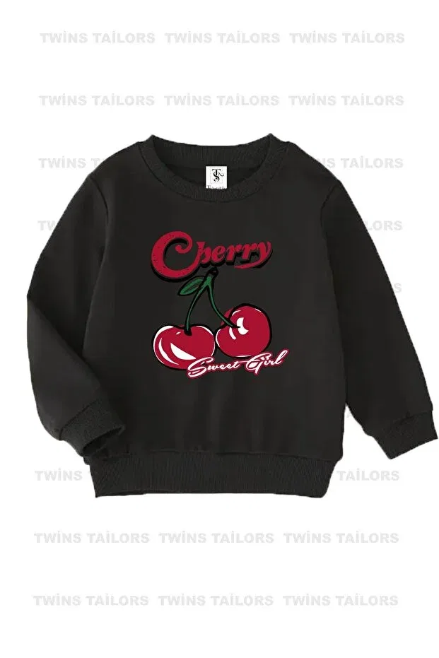 Детские свитшот для девочек с принтом Cherry Printed Black-Grey-Red Triple Crew Neck Girls' Sweatshirt With Fleece Inside Twins Tailors, Red-Grey-Black — фото 4