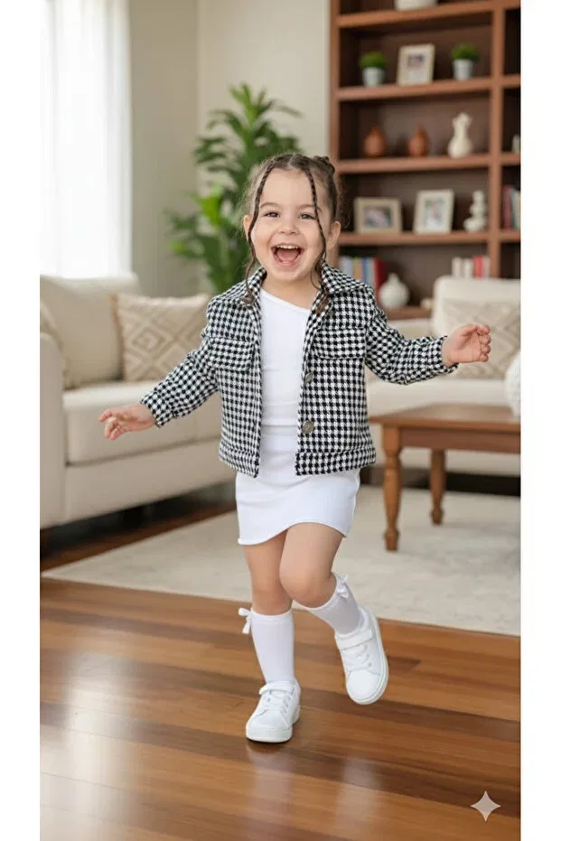 Детский комплект жакета и юбки для девочек с принтом Houndstooth Süslüm Kids, Черный
