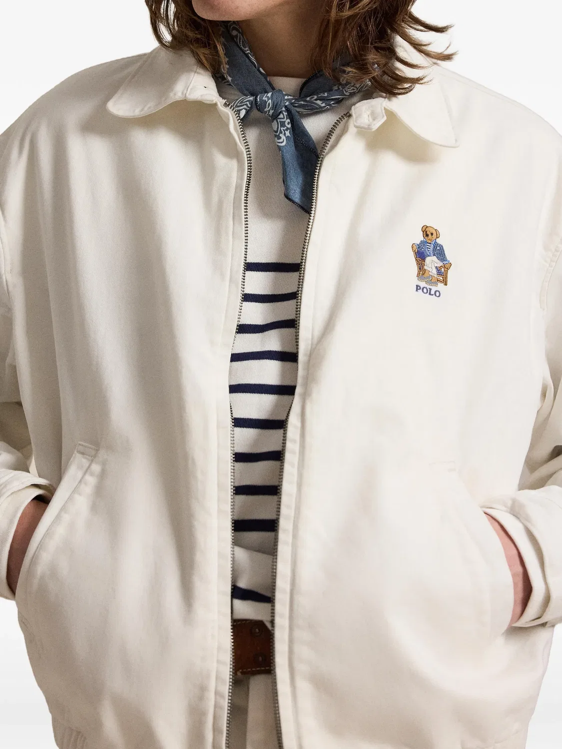Куртка-рубашка саржевая с вышивкой медведя белая Polo Ralph Lauren, белый — фото 4