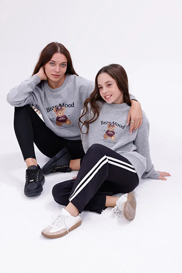 Детское для девочек свитшот с принтом Tedy printed mother child sweatshirt Eylül Elif Butik, Gray
