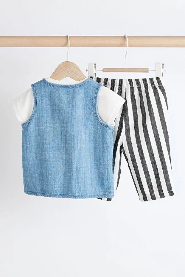 Детский комплект для новорожденных с принтом Algodon smile patterned short sleeve jeans vest - striped jogger pants 3 piece set Next Baby, Blue — фото 2