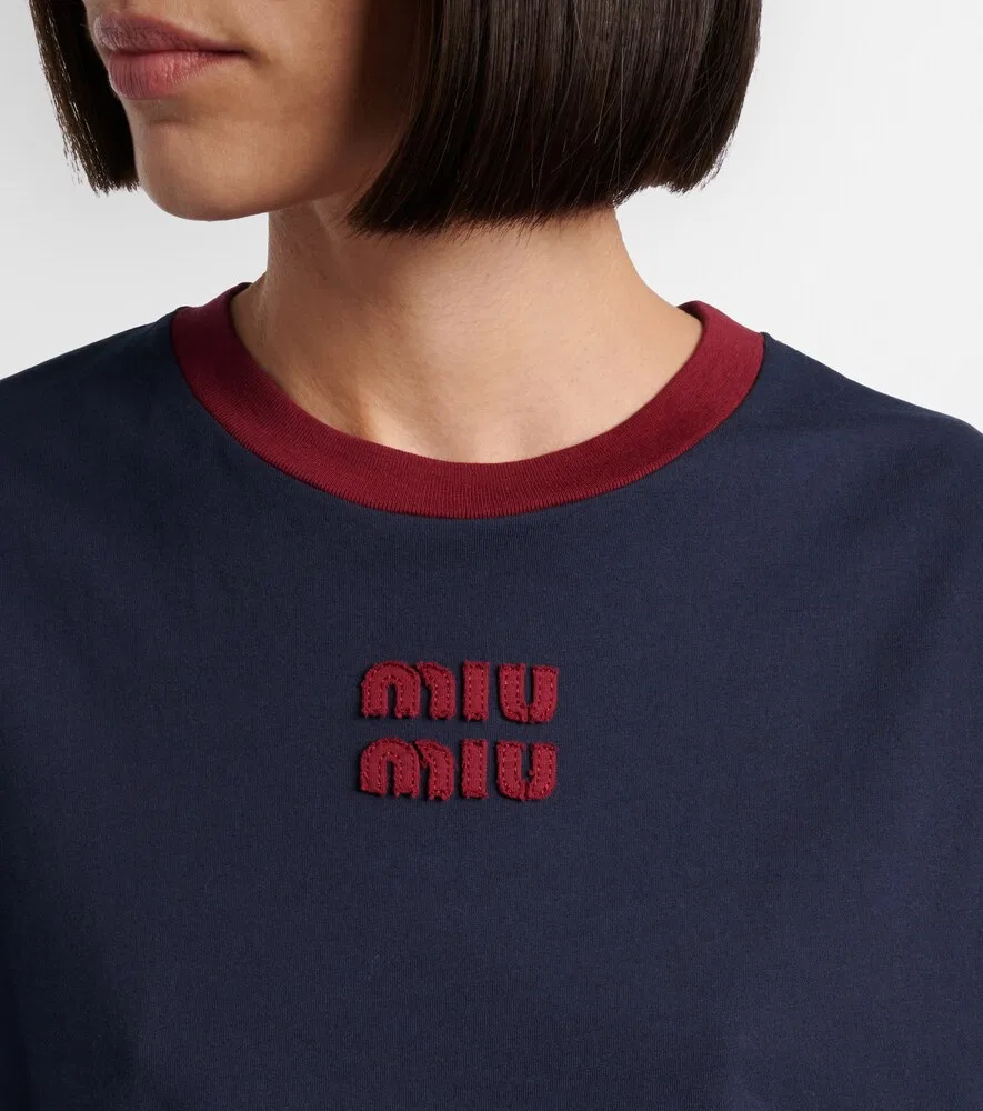 Футболка из хлопкового трикотажа с логотипом Miu Miu, синий — фото 4