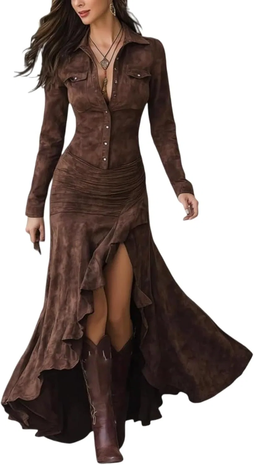 Женское приталенное платье макси с разрезом, Dark Brown