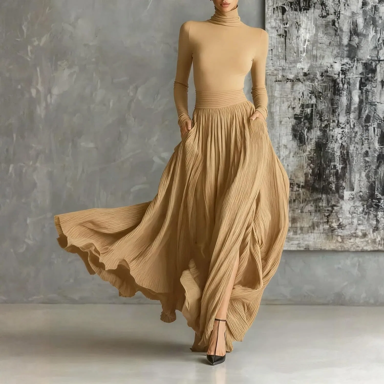 Женское платье миди с поясом V-образным вырезом Casual Chic, Camel — фото 2