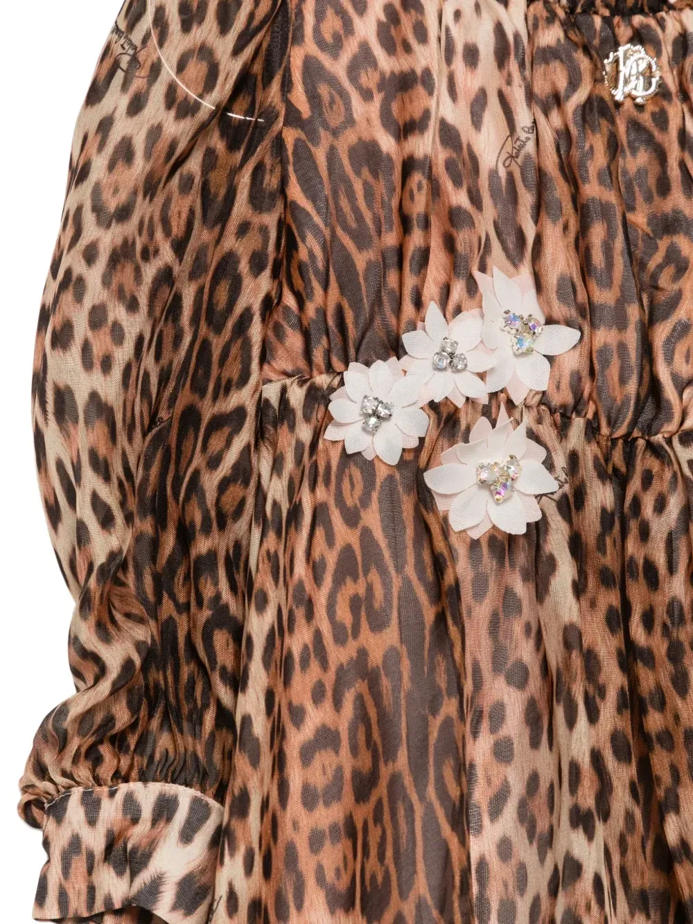 Платье с леопардовым принтом и цветочными аппликациями Roberto Cavalli Junior, коричневый — фото 3