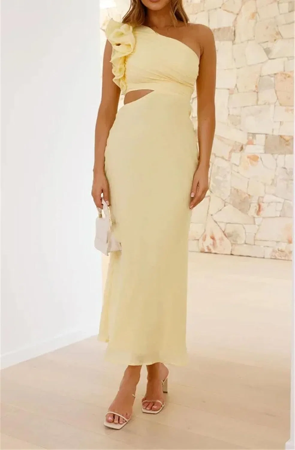 Женское элегантное платье с одним плечом Slim Fit, Yellow — фото 2