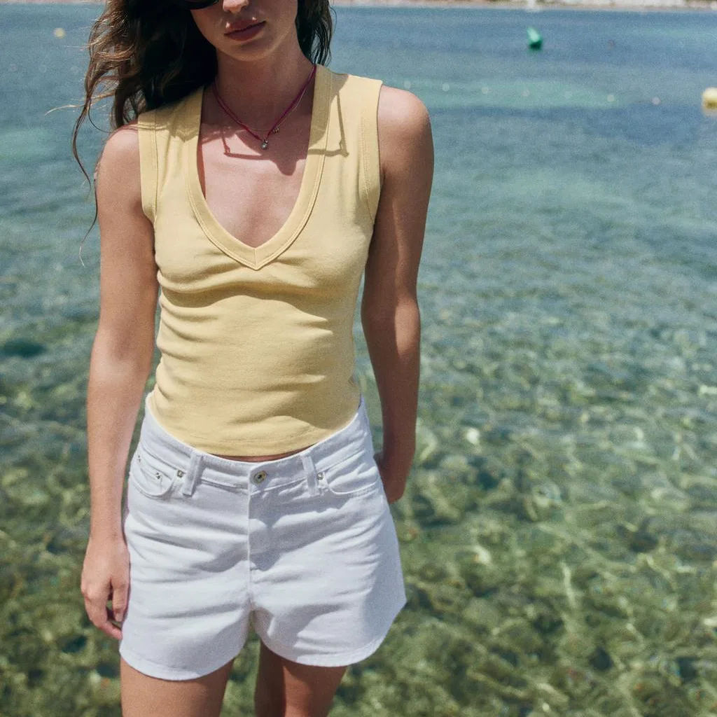 Женский топ-майка с V-образным вырезом, прямой крой, Yellow, ZARA — фото 4