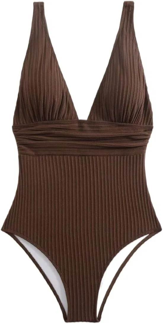 Женский цельный купальник с глубоким V-вырезом и драпировкой, Coffee Brown