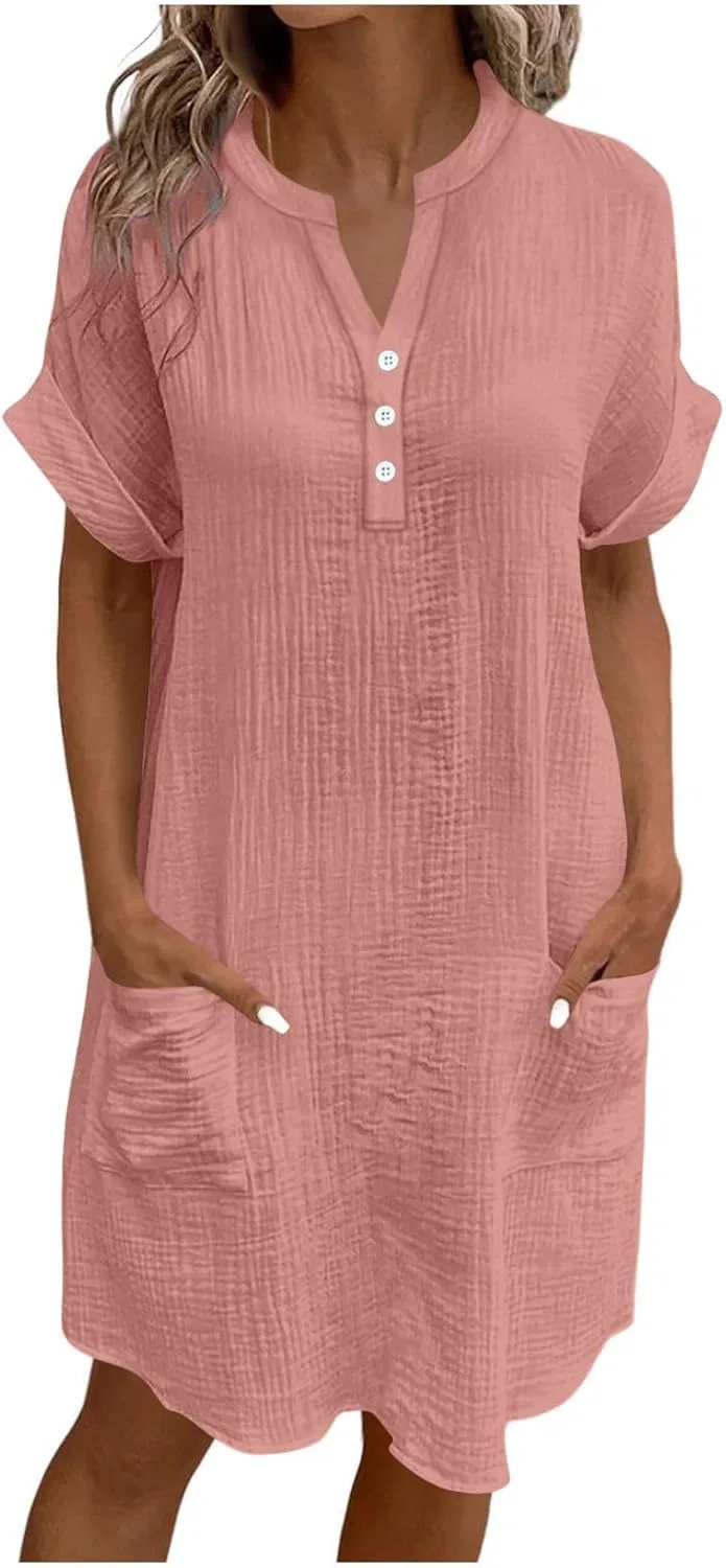 Женское короткое хлопковое платье с коротким рукавом, Pink