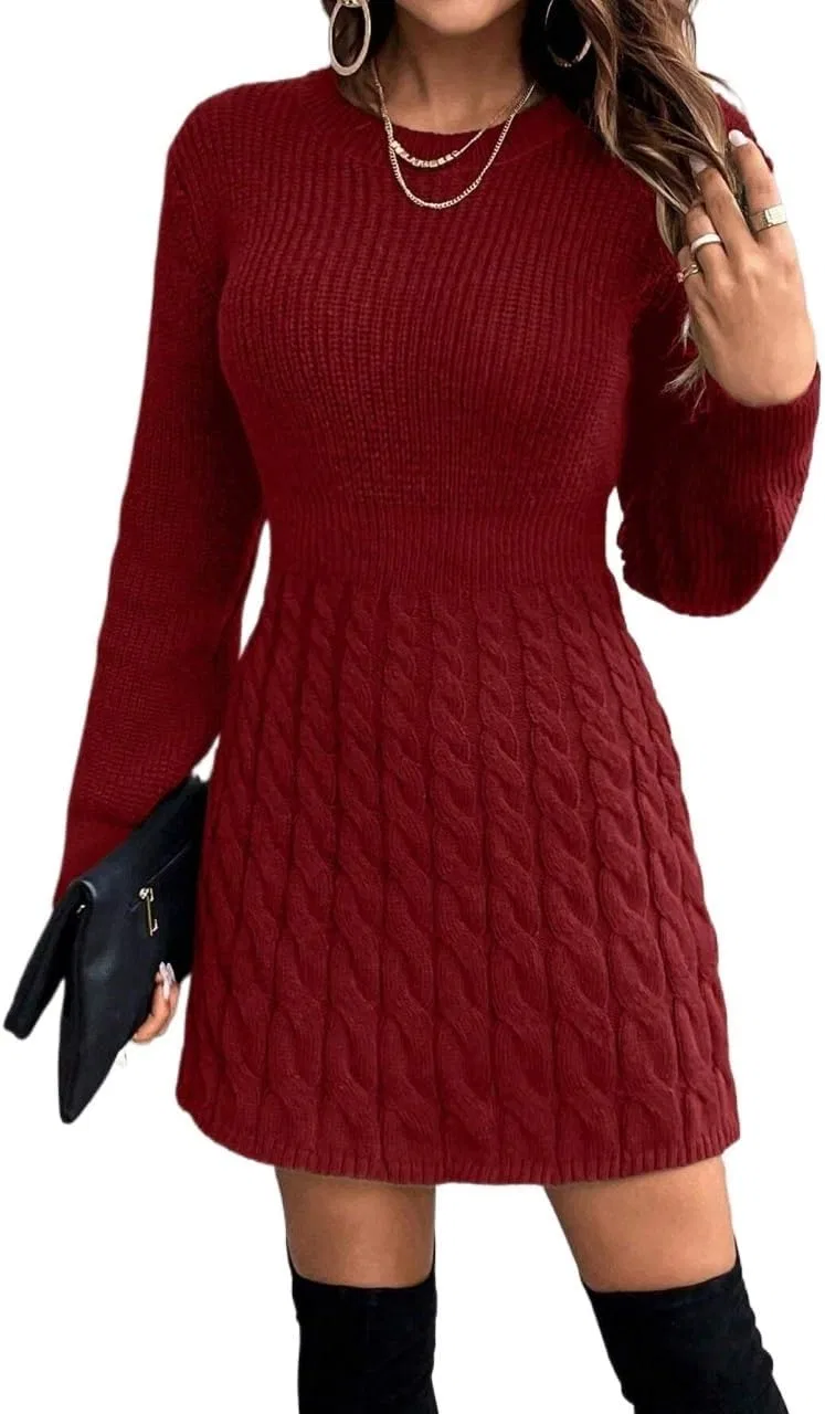 Женское вязаное платье с круглым вырезом и высокой талией, Red