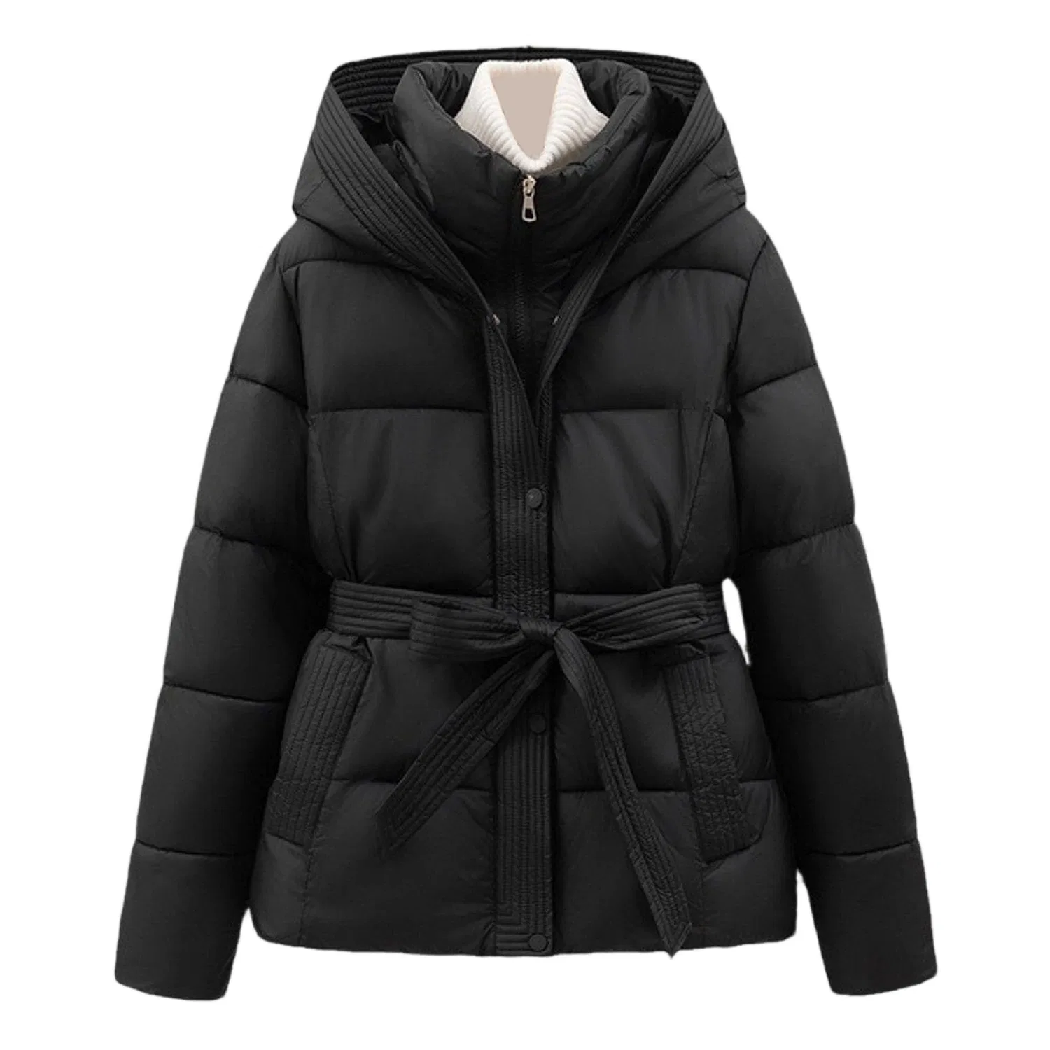 Женское зимнее стеганое пальто с капюшоном и поясом, Black