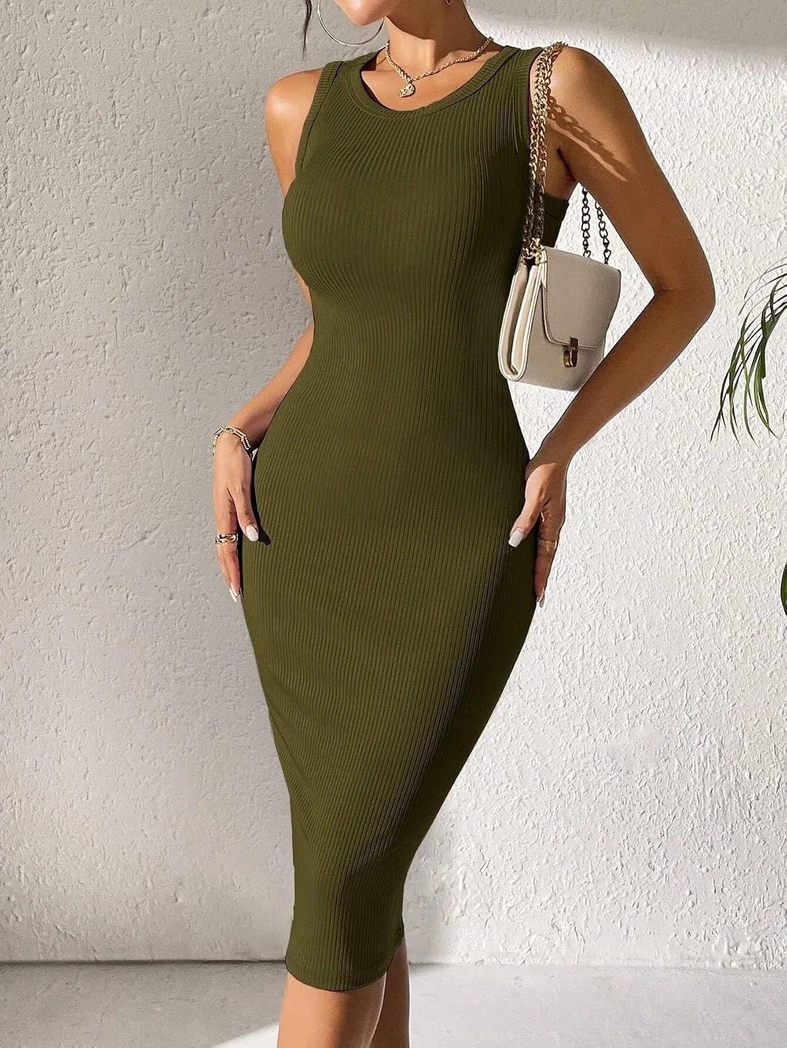 Женское миди-платье без рукавов облегающее Army Green — фото 4