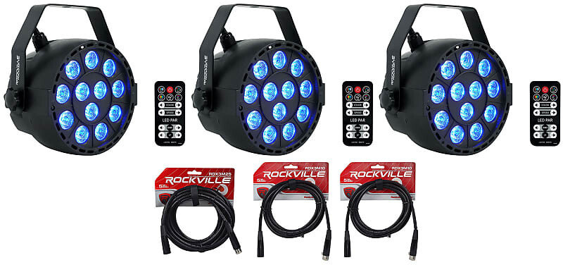 

3 Rockville RockPAR TRI LED RGB Par Cans DJ Black DMX Wash Lights+Remotes+Cables (3) ROCKPAR TRI BLACK+RDX3M25+RDX3M10