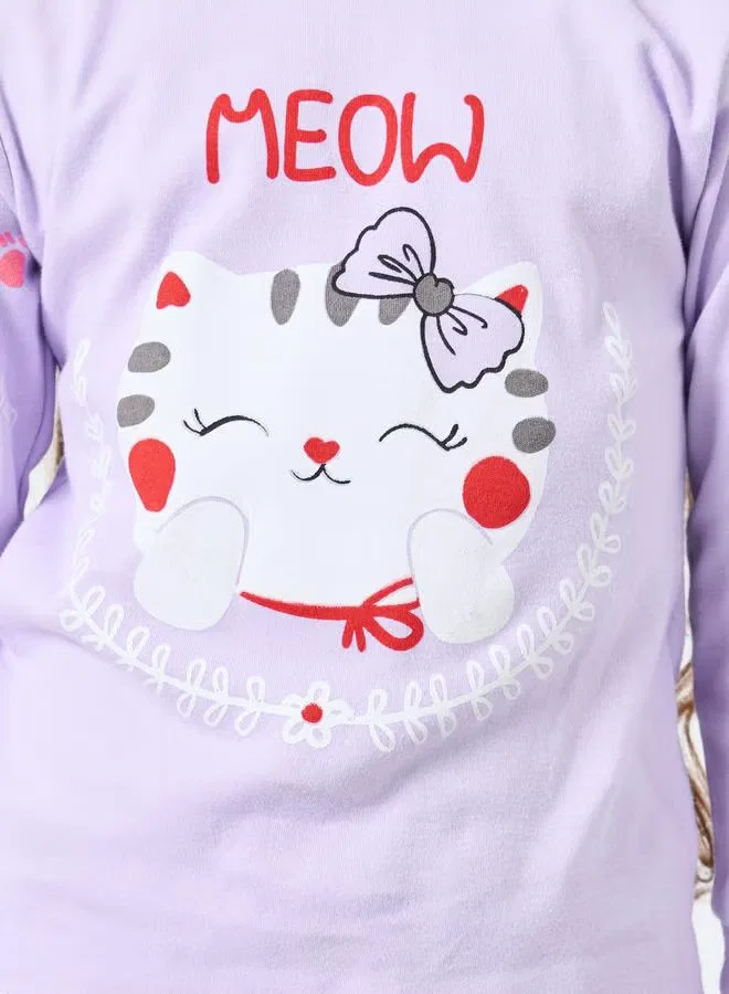 Комплект пижамный с кошачьим принтом, длинным рукавом, модель Cat Graphic, Styli, лиловый — фото 3