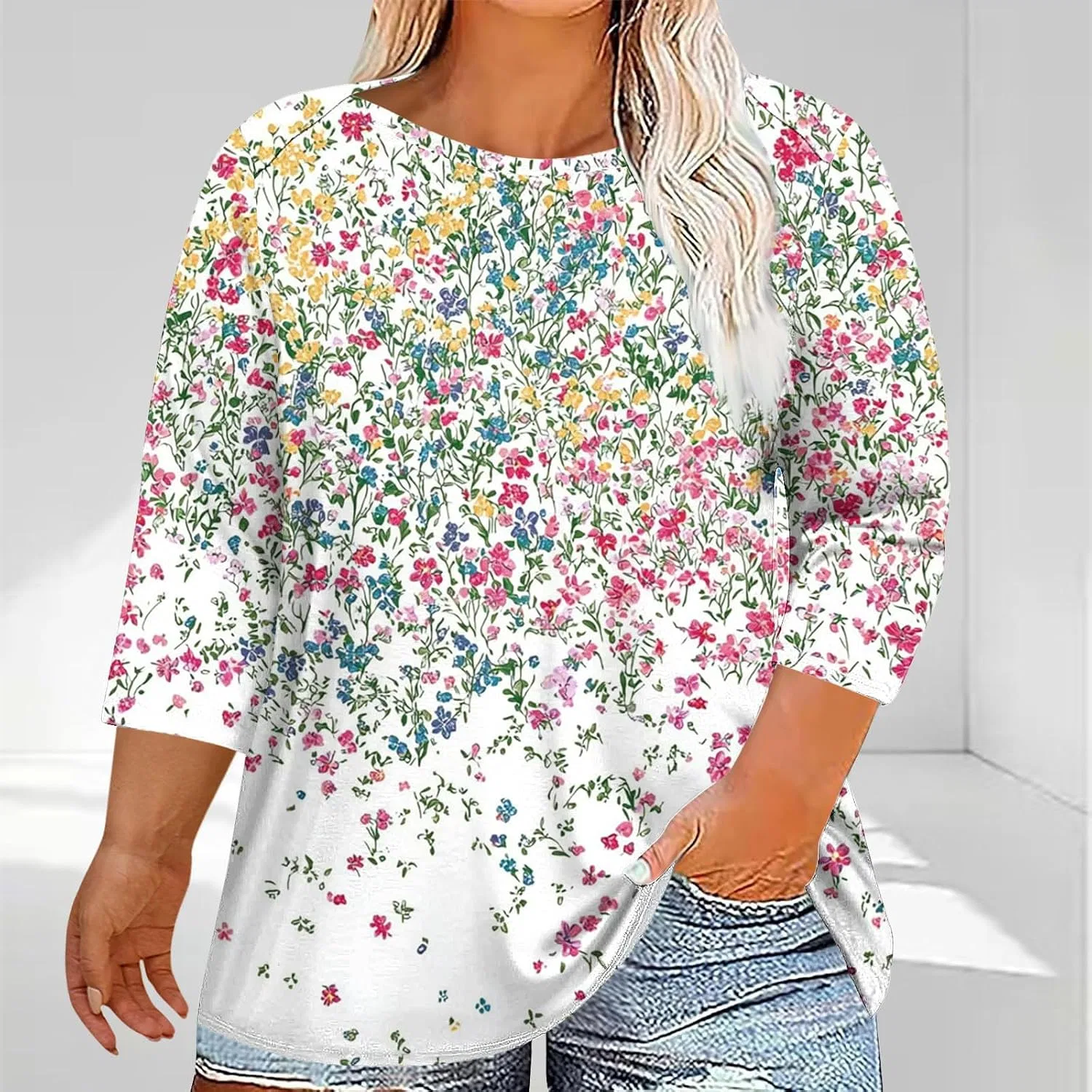 Женская туника с цветочным принтом, 3/4 рукав, Plus Size, White — фото 2