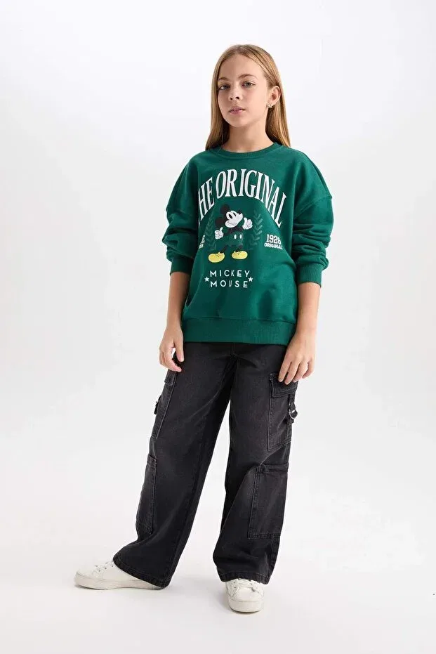 Детские свитшот для девочек с принтом Disney Mickey & Minnie Oversized Wide Fit Crew Neck Soft Fleece Defacto, Green — фото 2