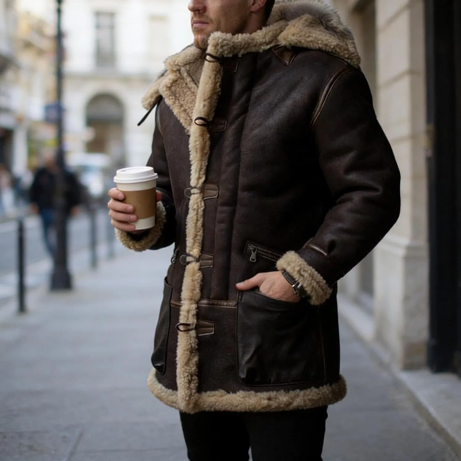Мужское пальто из искусственной кожи с флисовой подкладкой, Vintage Faux Fur Long Trench Coats, тёмно-серый — фото 3