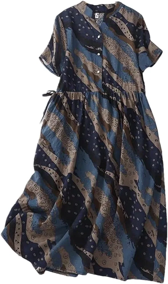 Женское летнее платье с принтом и шнуровкой, Dark Blue
