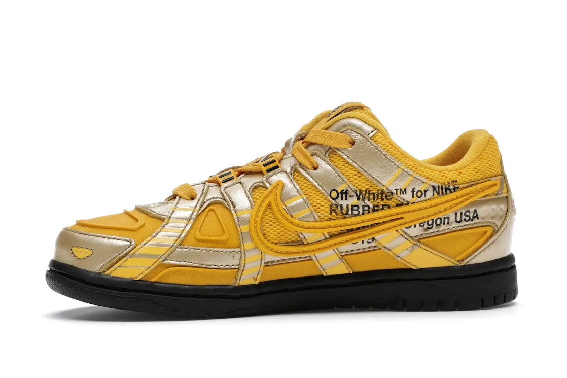 Детские кроссовки с деконструированным дизайном Nike Air Rubber Dunk Off-White University Gold Nike, University Gold / University Gold-Black — фото 3