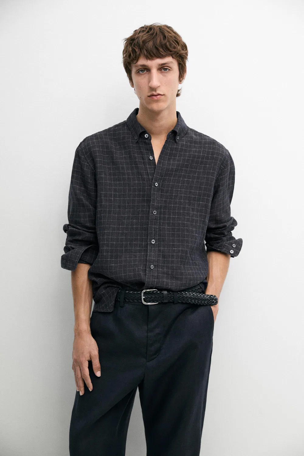 Рубашка в клетку, 100% лен, стандартный крой Massimo Dutti, Lead — фото 2