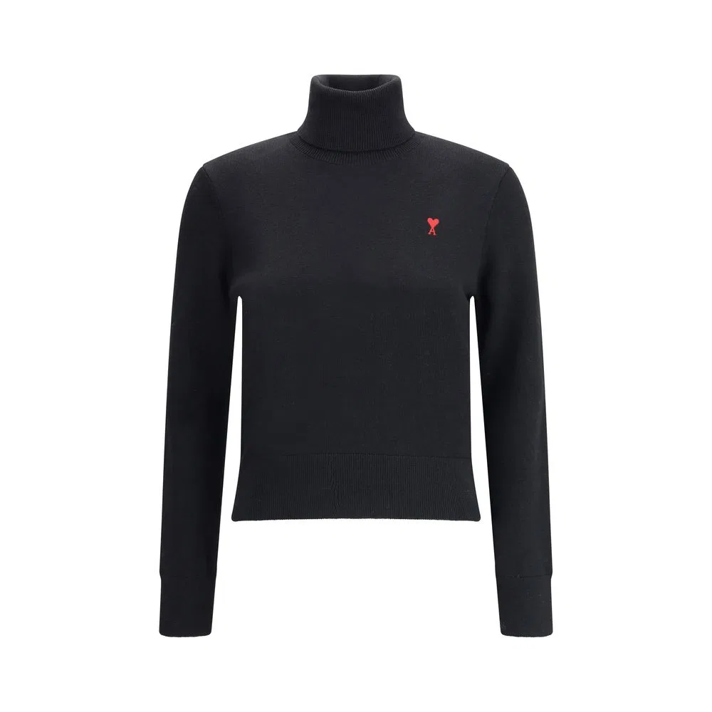 Женский свитер с высоким воротом из шерсти мериноса, Black Merino Wool Turtleneck, AMI Paris, черный