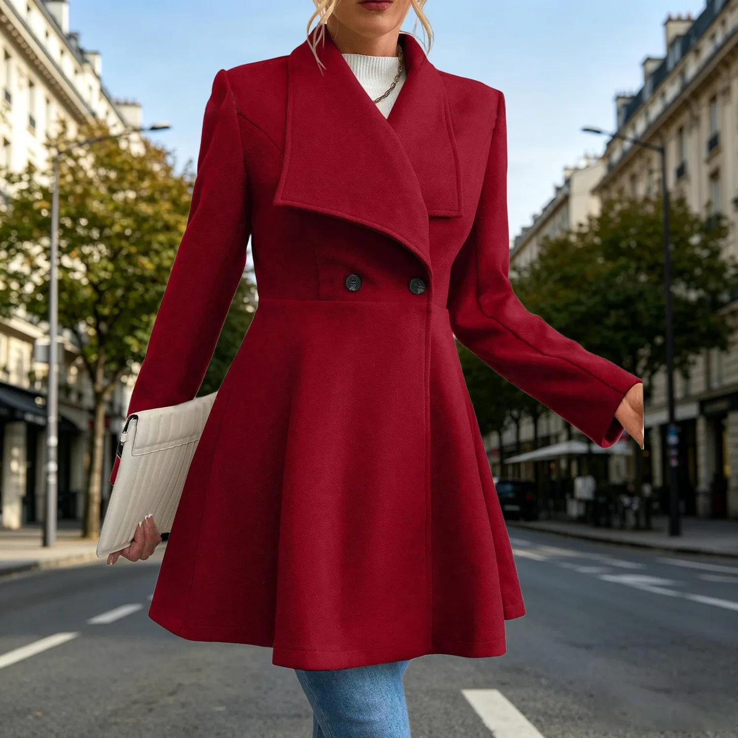 Женское пальто из шерстяной смеси slim fit двубортное миди, Rosso — фото 2