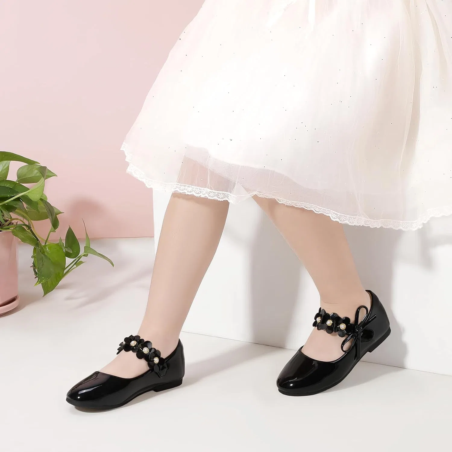 Детские туфли-балетки для девочек с жемчугом PANDANINJIA, Black Patent — фото 2