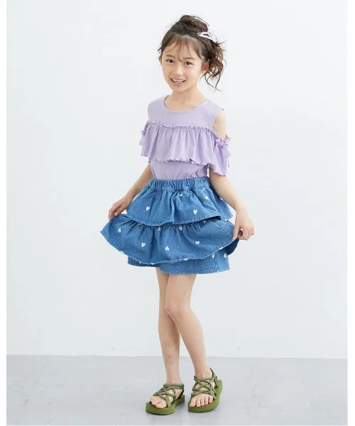 Детские джинсовые шорты-юбка с вышивкой в виде сердечек, модель Heart Embroidery Denim Tiered Pants-in-Skirt QUNTSTYLE, Navy — фото 3