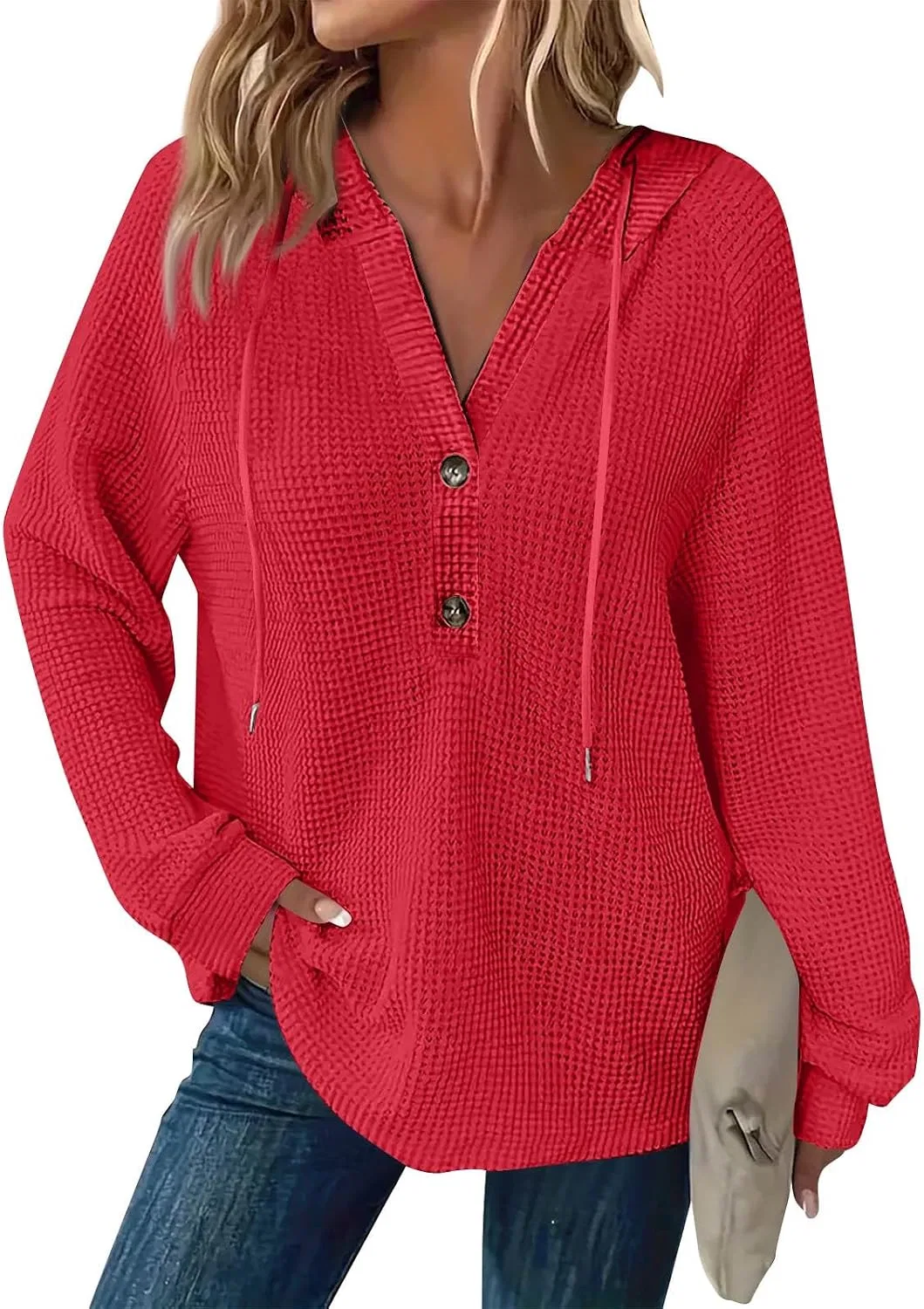 Женское худи с капюшоном из вафельной ткани с длинным рукавом, B016- Red