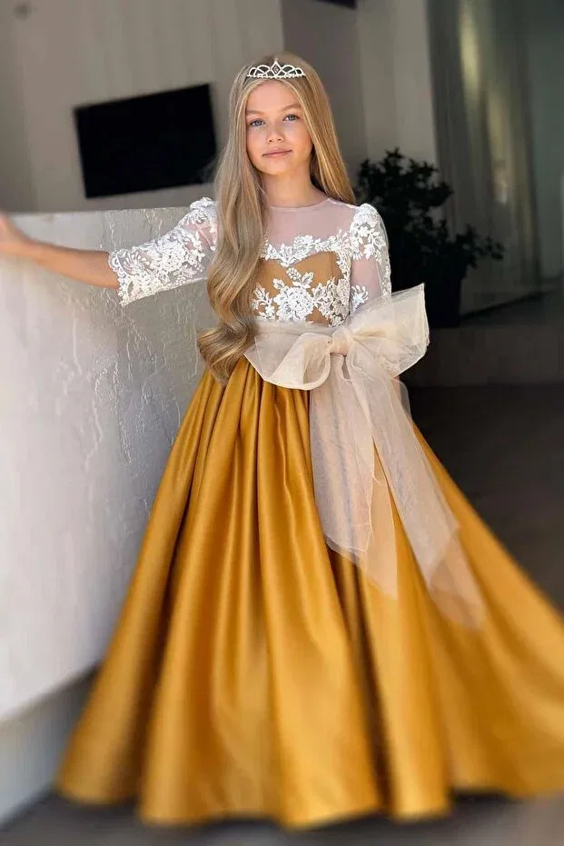 Детское платье для девочек сатиновое с длинным рукавом Girl'S satin mustard long evening dress with transparent tulle collar, guipure embroidered shoulders and sleeves, bow detail Riccotarz, Hardal — фото 3