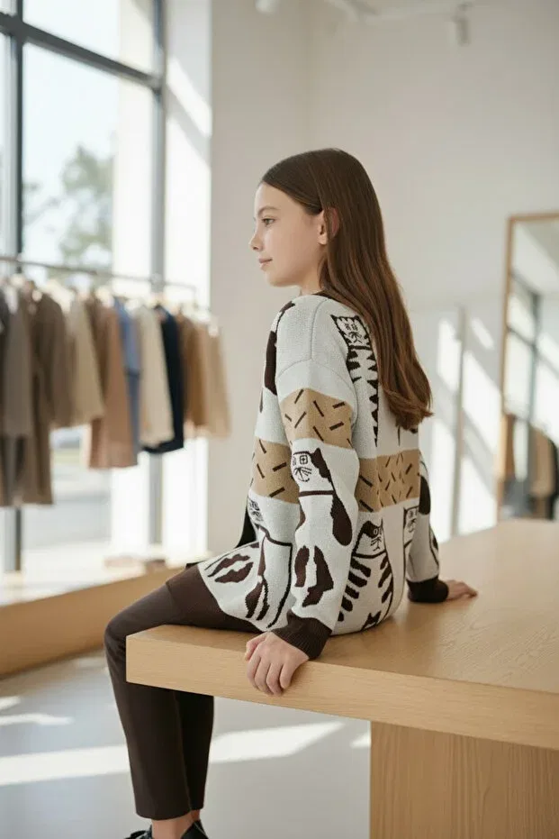 Детский кардиган для девочек с принтом Cat Printed Minimoda Kids, Beige — фото 3