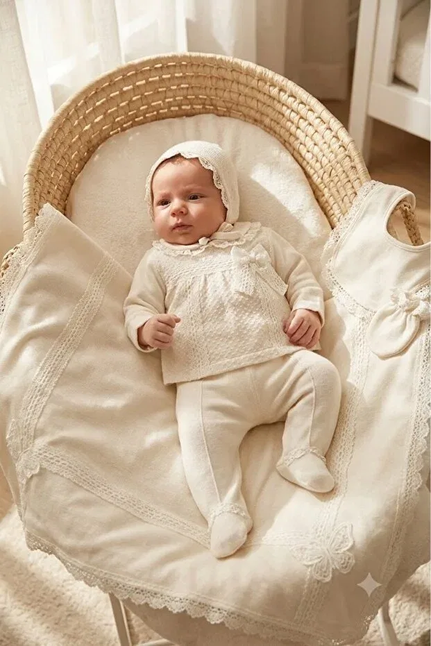 Детский комплект для выписки с кружевом Babydola, Ecru — фото 3