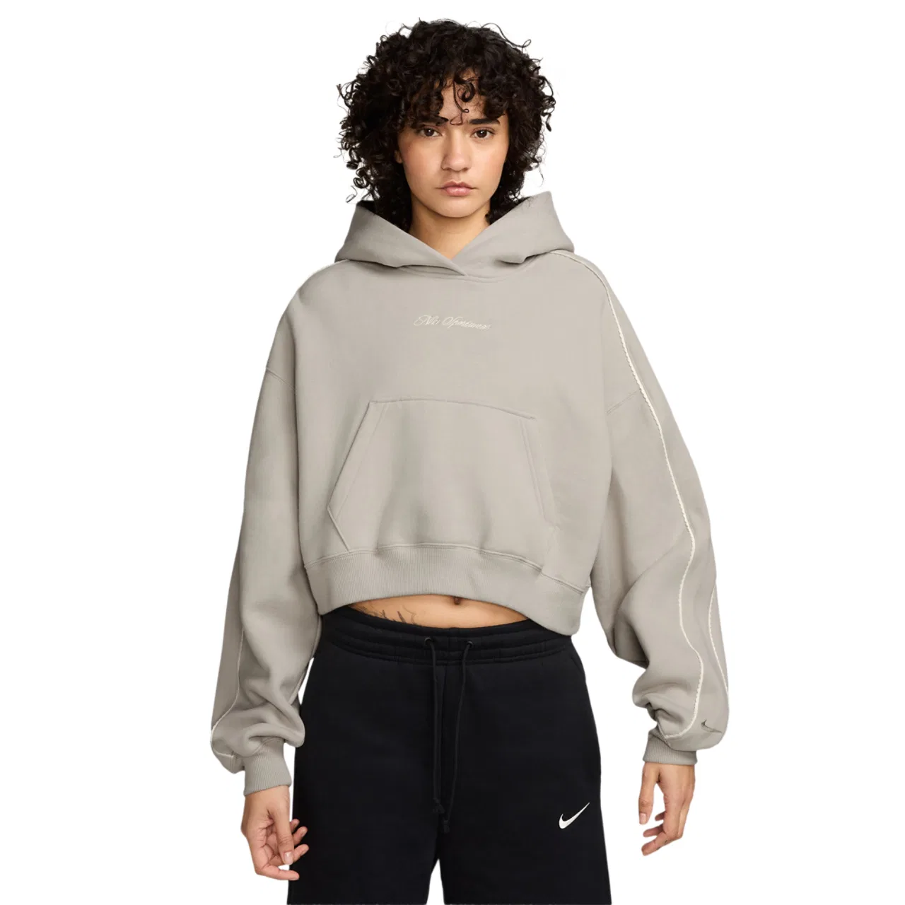 Женский худи с капюшоном, укороченный, оверсайз, с флисом, Nike Studio Crop Fleece Scallop, Nike, White/White/White