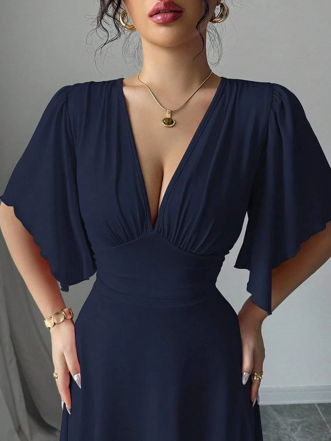 Женское мини-платье с рукавами-кимоно V-образным вырезом, Navy Blue — фото 4