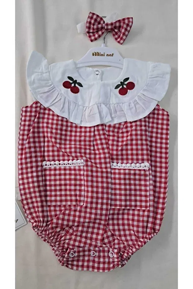 Детский комбинезон для девочек с принтом Cherry Embroidered Summer Plaid Romper Bilge Trend, Red — фото 2