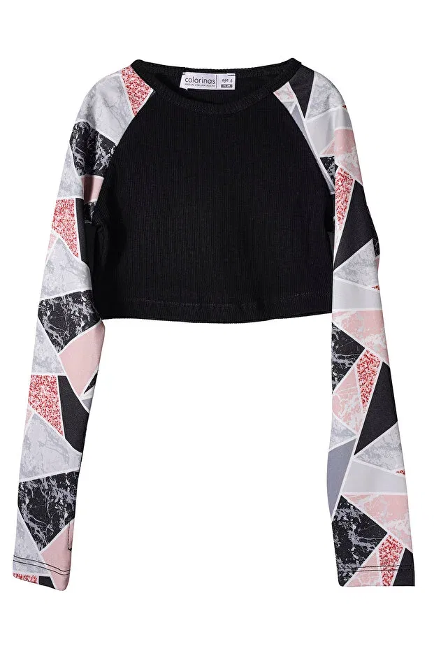 Детские укороченное свитшот для девочек с принтом Tori flower patterned Colorinas, Dark Gray — фото 4