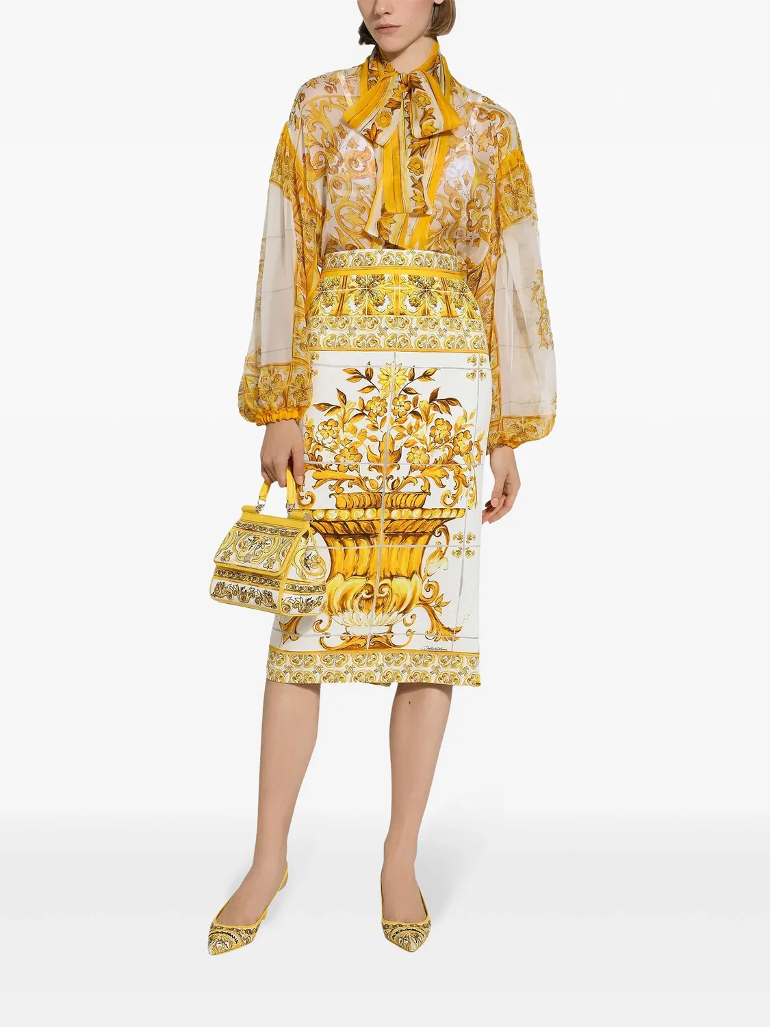 Блуза из шелка с принтом Маджолика Dolce & Gabbana, желтый — фото 2