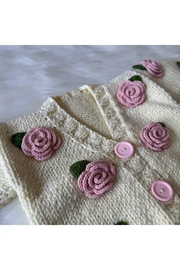 Детский кардиган для девочек с принтом Rose crop Children's Cardigan Hand Knitted Baby Cardigan Baby Gift Alize Home, Цвет Ecru — фото 3