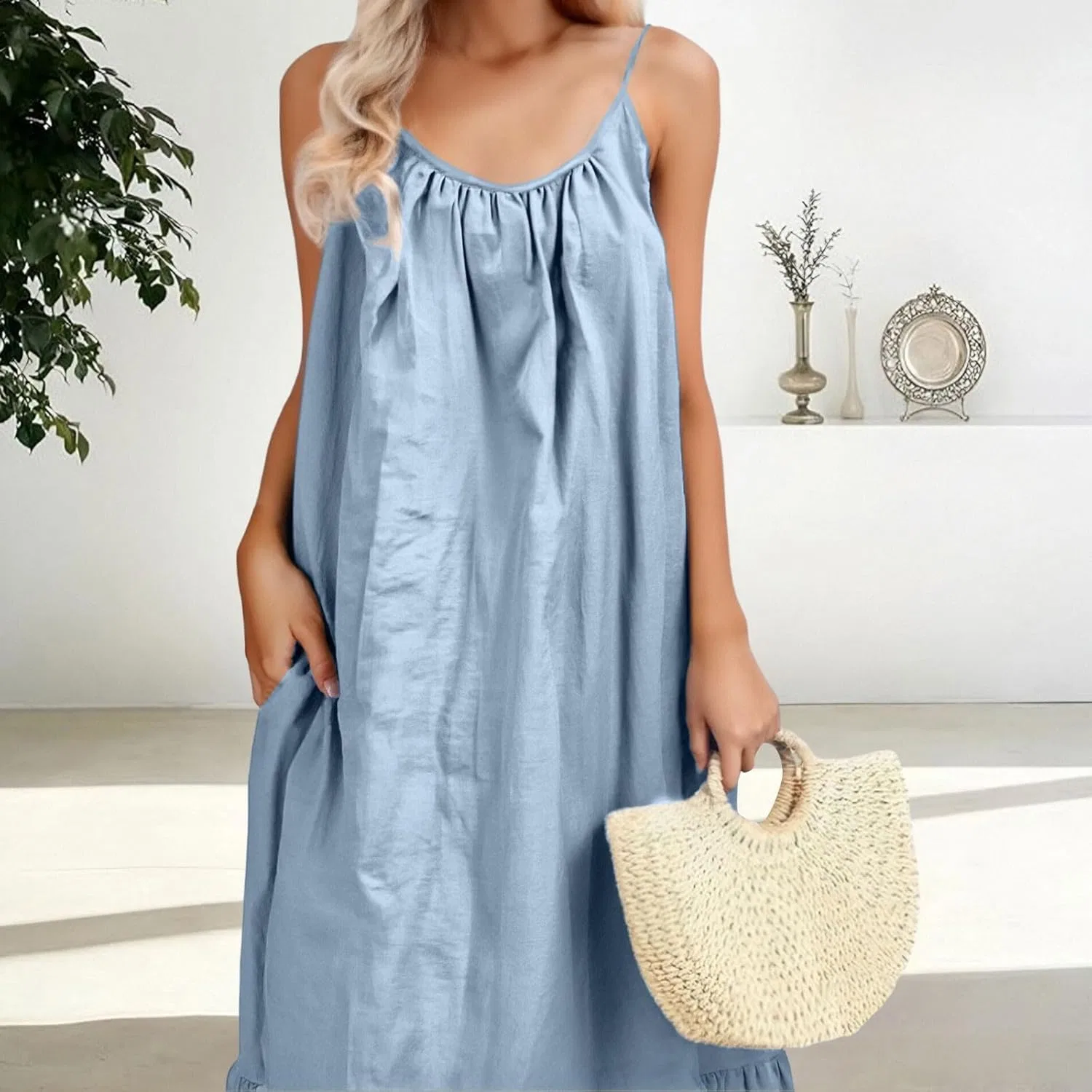 Женское пляжное макси-платье на бретелях с открытой спиной, Sky Blue — фото 4