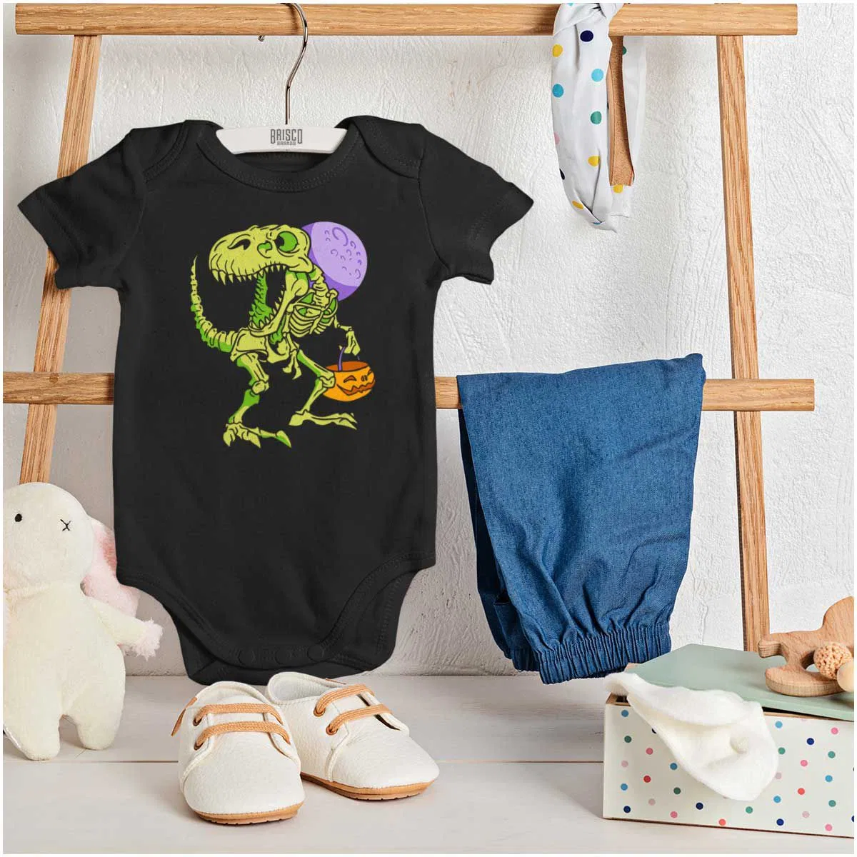 Детское боди с коротким рукавом Halloween Dinosaur Skeleton Trick or Treat Brisco Brands, Black — фото 3