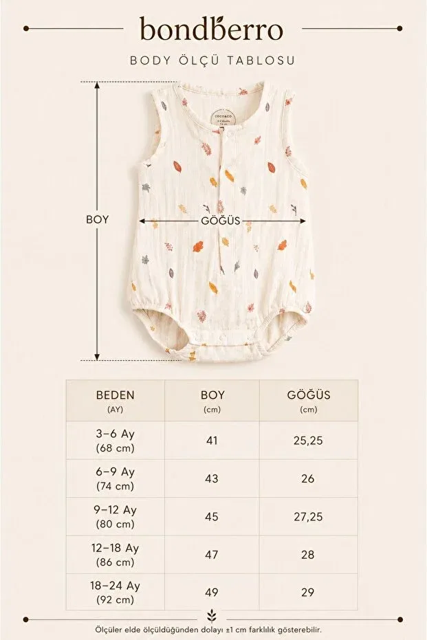 Детское боди для новорожденных без рукавов Leaf Printed Muslin Fabric 100% Cotton Baby And Children's Bodysuit Bondberro, Renkli Yaprak — фото 4