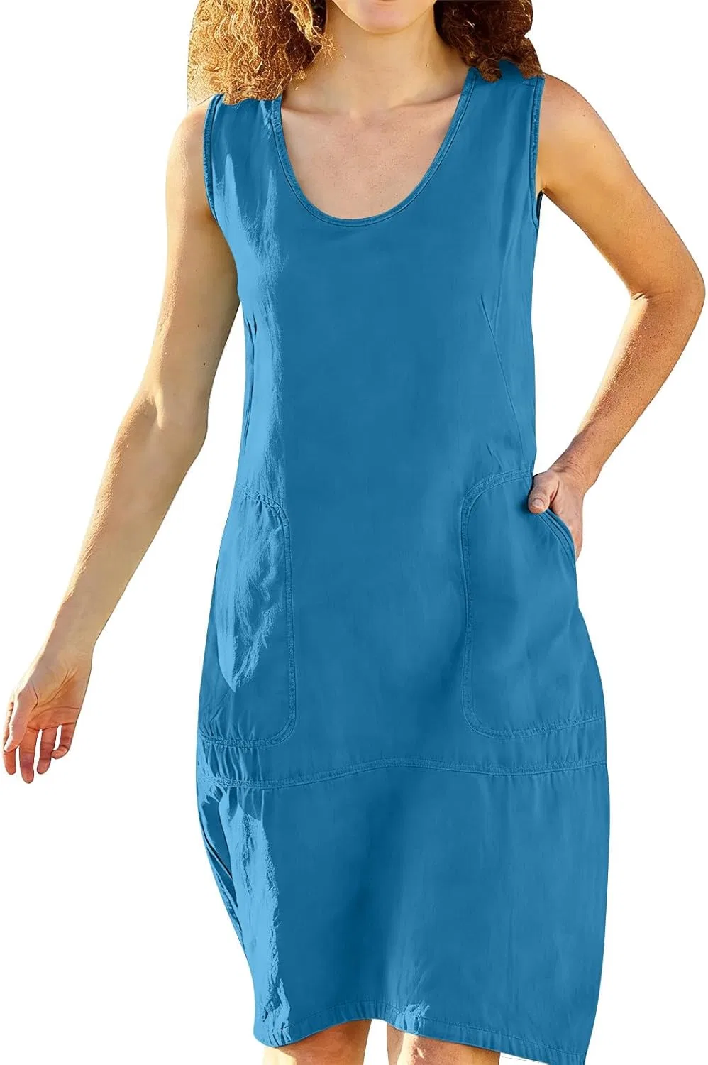 Женское летнее сарафан-макси богемное с карманами Cotton Linen, Blue