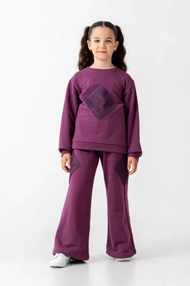 Детский комплект для девочек из футера с принтом Flared Piece Tracksuit Set Harika Kids, Purple