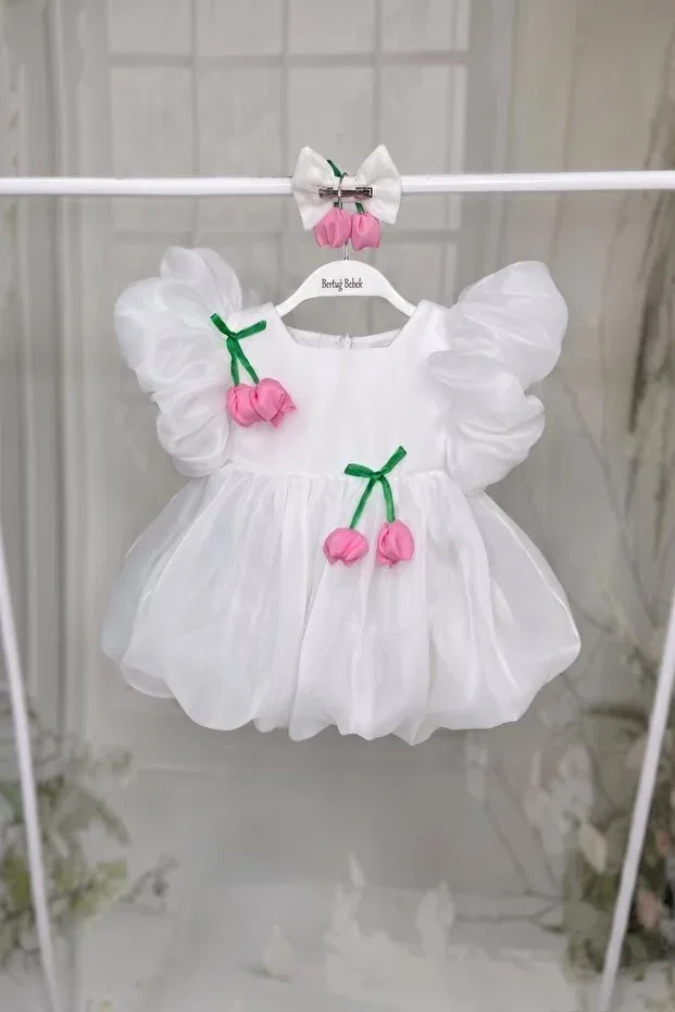 Детское платье для девочек с воздушным рукавом Rose embellished bowknot decorated Bertuğ Bebek, White — фото 3