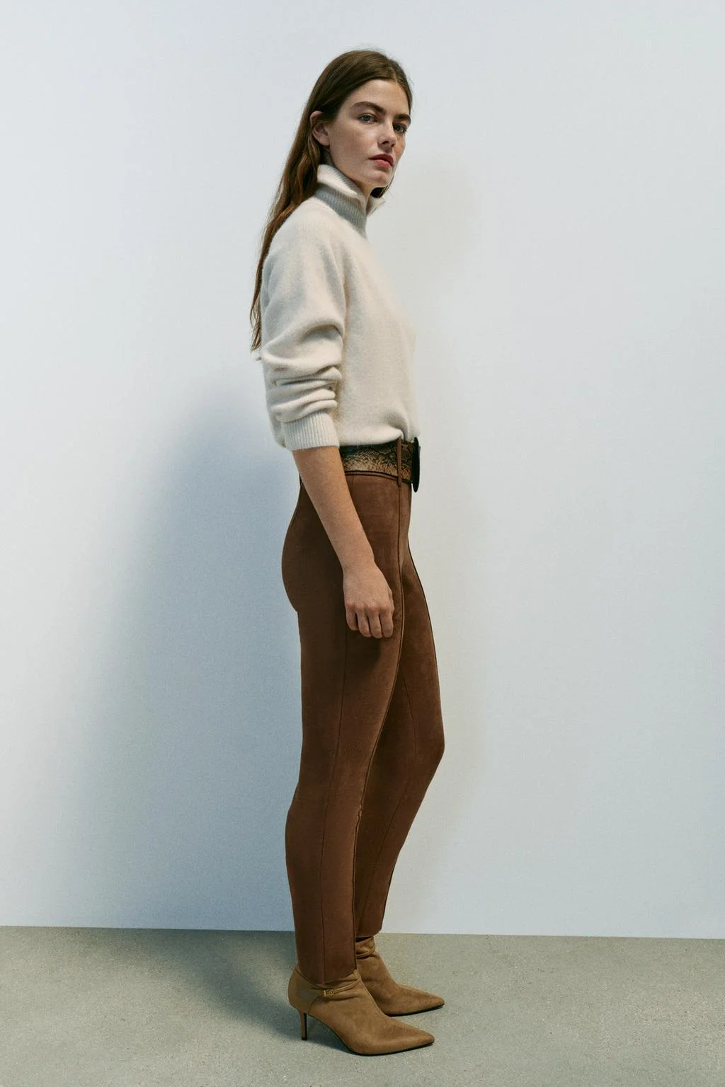 Леггинсы Zara с эффектом замши и поясом, верблюжий — фото 3