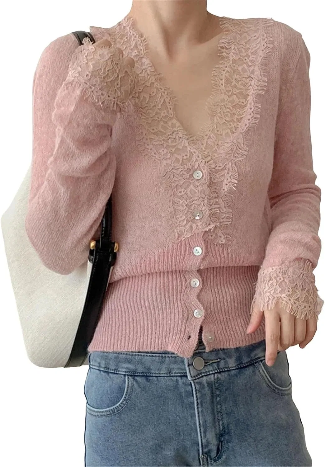 Женский кардиган Vintage Lace Knitted, розовый
