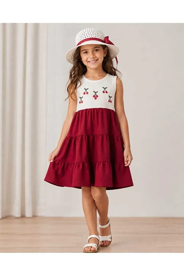Детское платье для девочек хлопковое комплект платьев cherry embroidered hat and summer dress Kidsense, Red