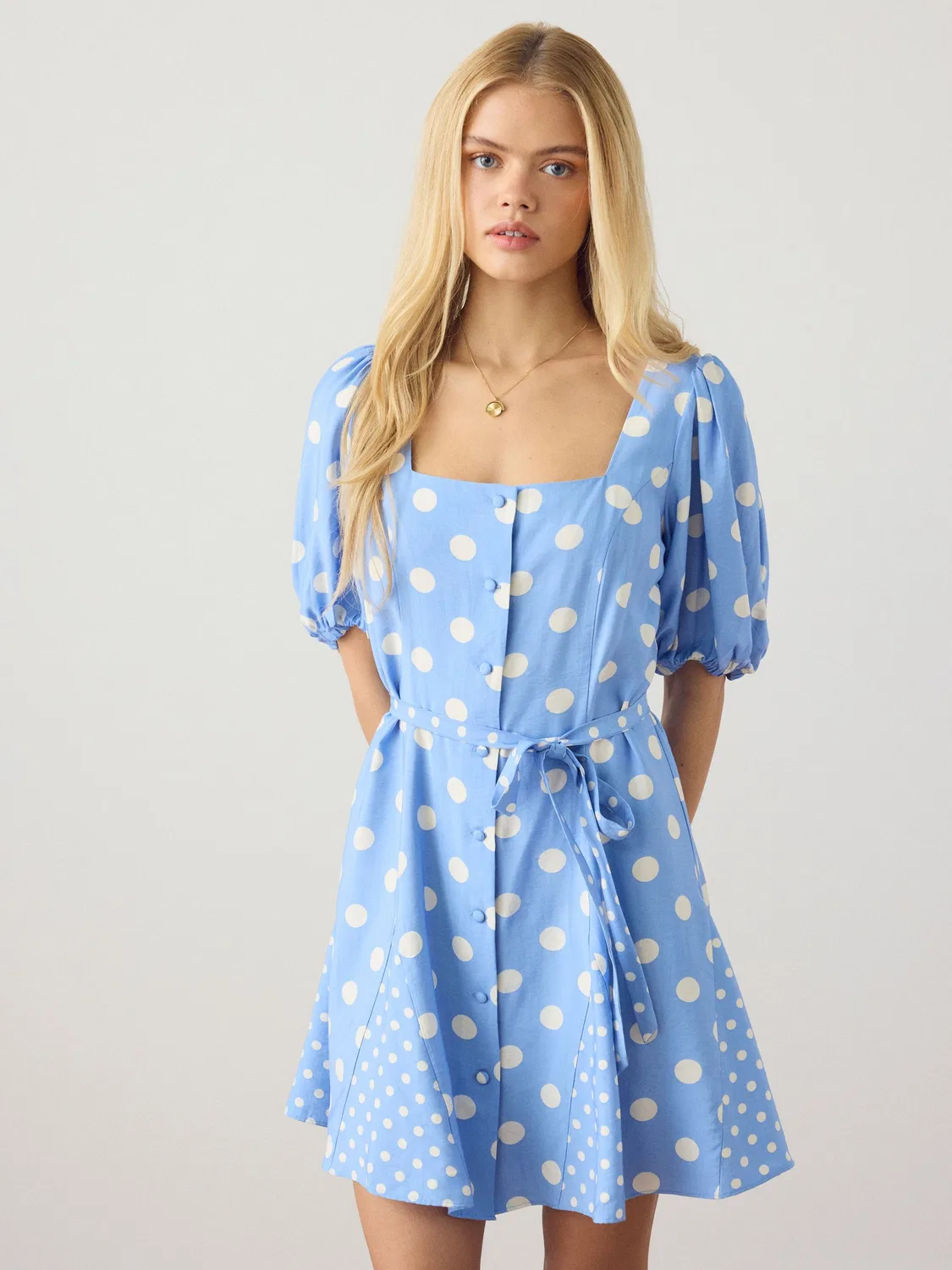 Платье мини с принтом, пуф-рукава Next, Blue Polka Dot
