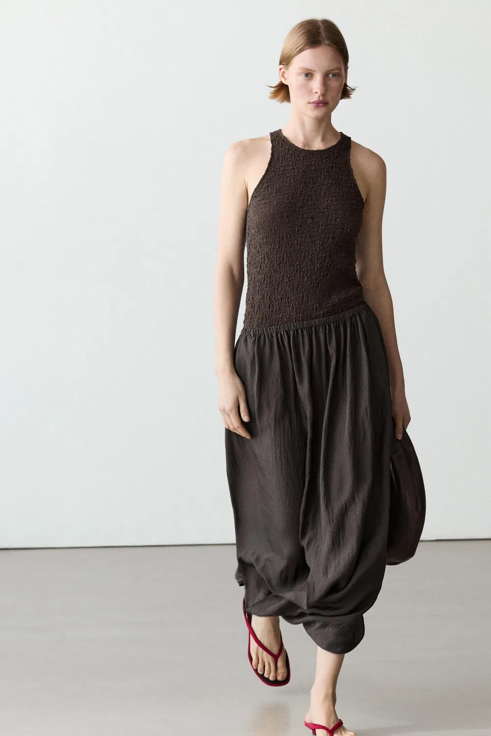 Юбка миди со сборками на талии Massimo Dutti, коричневый — фото 4