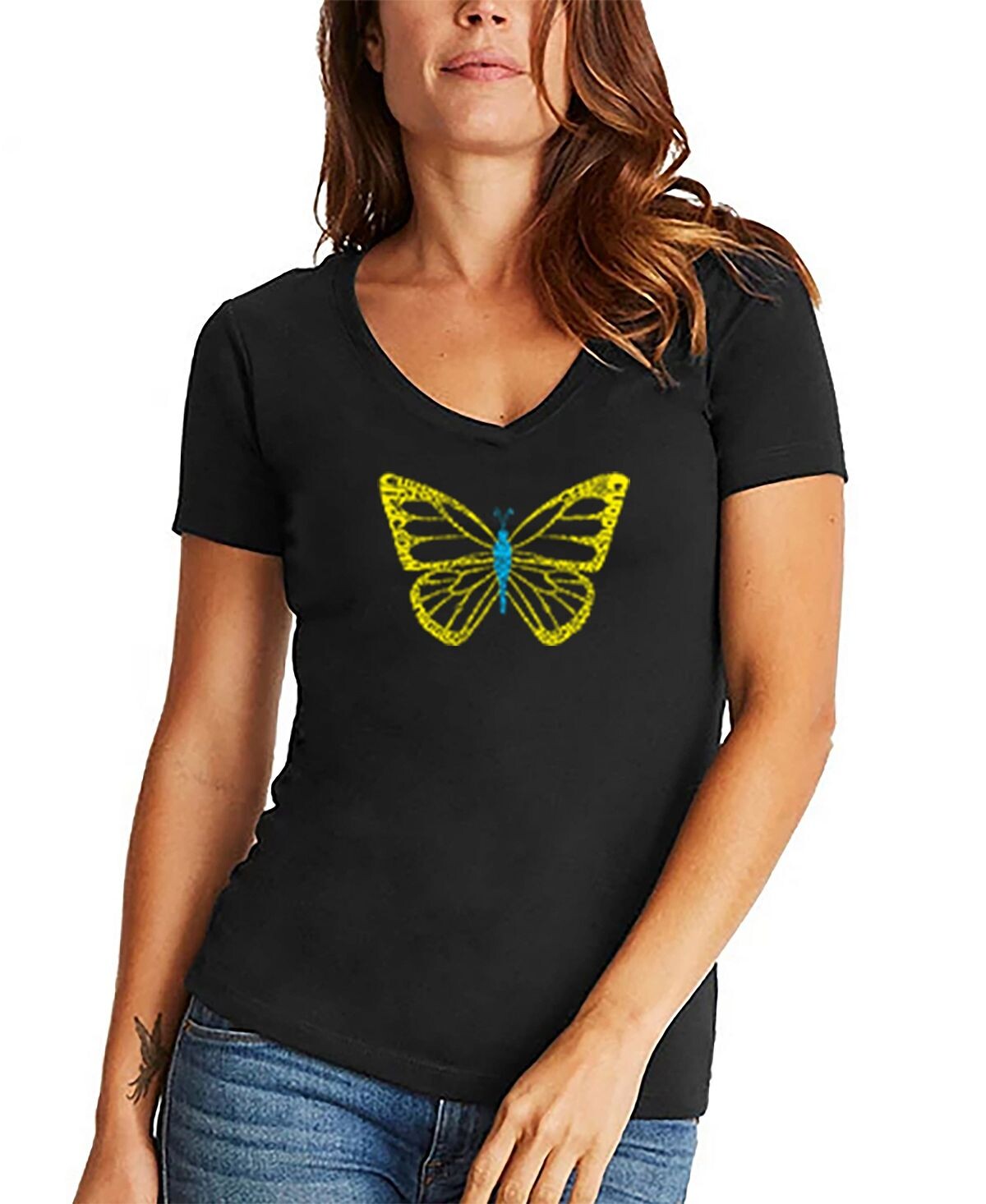 

Женская футболка с v-образным вырезом и надписью butterfly LA Pop Art, черный